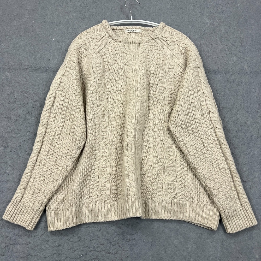 Woolovers Sweater Men's Large Ivory Cable Knit Pure New Lambswool Crew Jumper‎